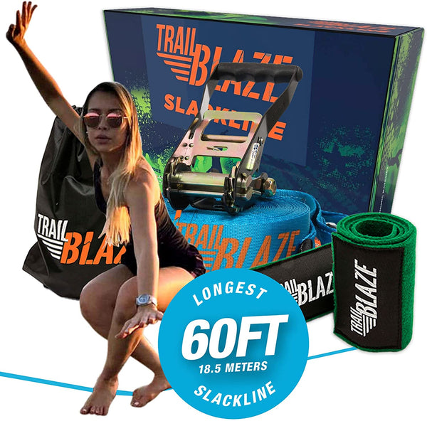 60 Feet Slackline Set with Ratchet Cover Tree Protector Carry Bag Gift Box