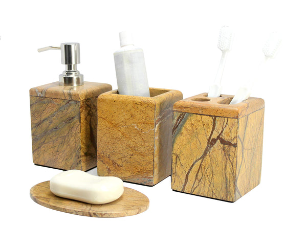 KLEO - Bathroom Accessory Set Made from Natural Green Stone - Bath Accessories Set of 4 Includes Soap Dispenser, Toothbrush Holder, Tumbler and Soap Dish