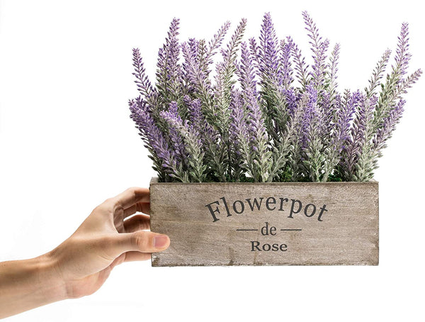 Artificial Fake Flower Potted Lavender Plant with Wooden Tray 14 in long