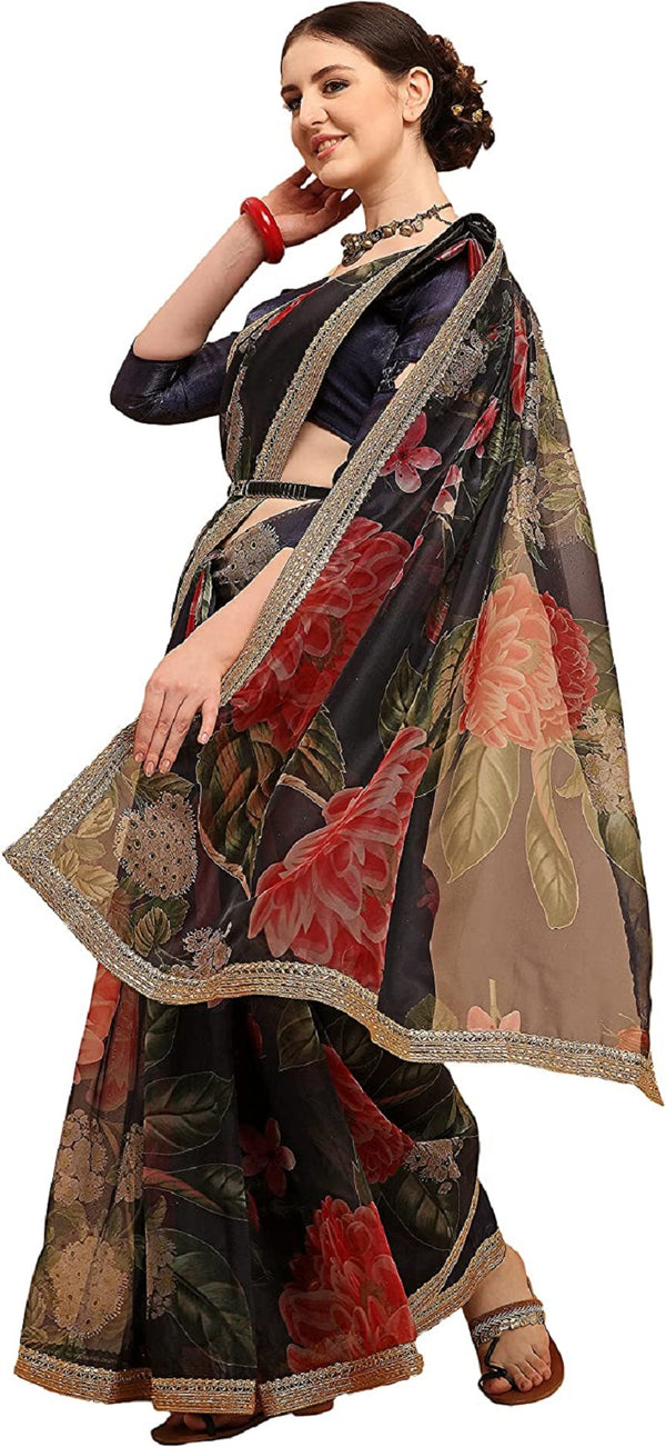 Georgette Floral Print Beige Ethnic Simple Saree for Women Navy Blue