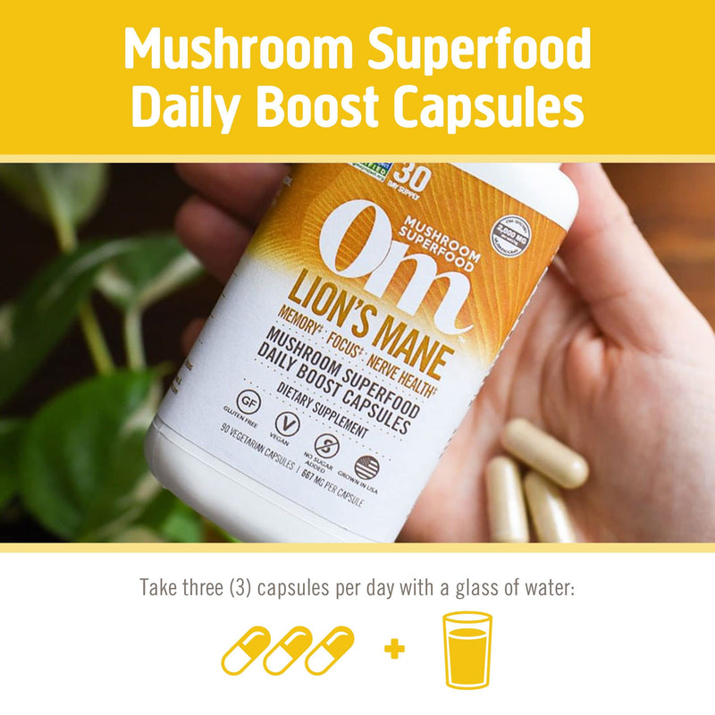 Om Mushroom Superfood Lions Mane Capsules 180 Count Support Focus Nerve Health