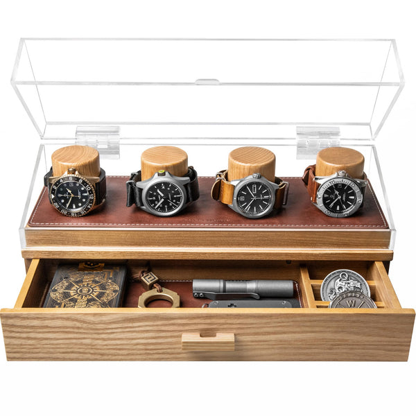 Holme & Hadfield Premium Watch Display Case Hold 4 Watches Drawer Leather Lining