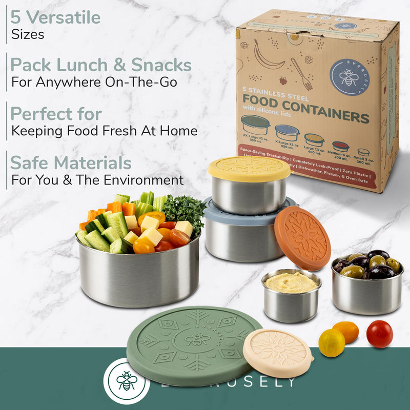 Everusely Stainless Steel Containers with Lids, Leakproof Stainless Steel Food Containers, Nesting Stainless Steel Snack Containers For Kids, Metal Lunch Container,Stainless Steel Lunch Box Containers