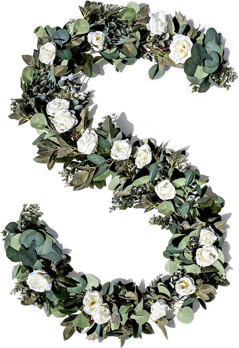 Eucalyptus Garland with Flowers-17 PURE WHITE Roses-Floral Greenery for Wedding