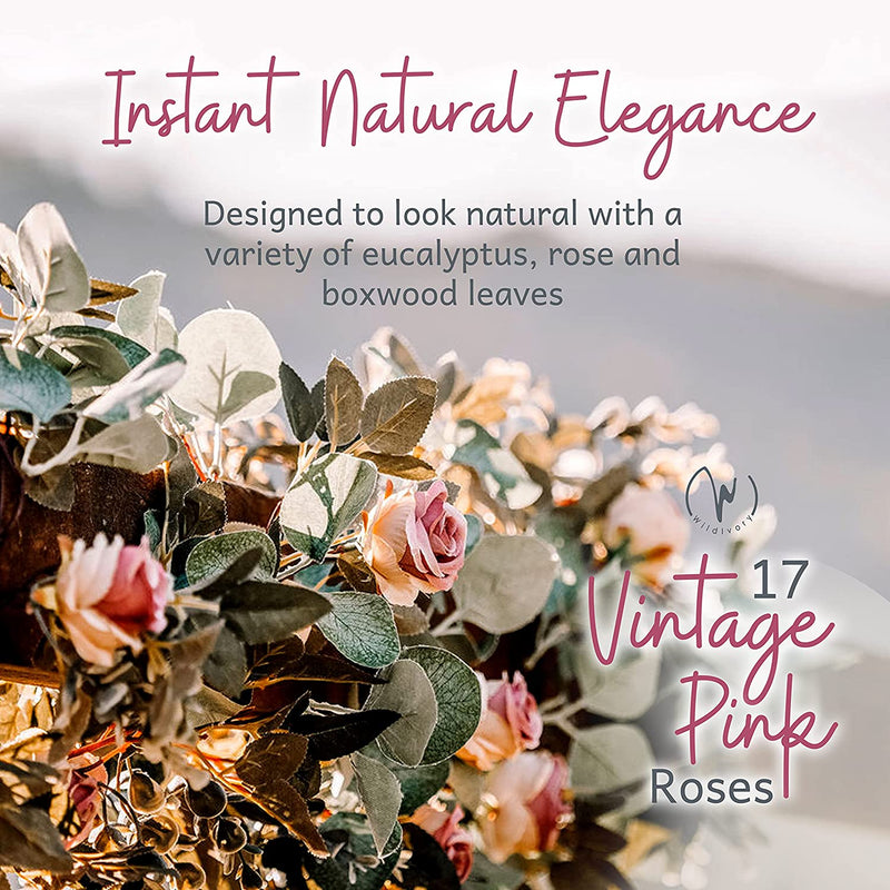 6.5 Ft Eucalyptus Twig Garland - 17 Pink Roses - Lush Natural Looking Table Decor