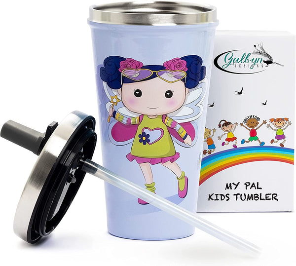 Fairy Kids Cups with Straws 16oz screw on spill-proof lid with silicone tip stainless steel double wall