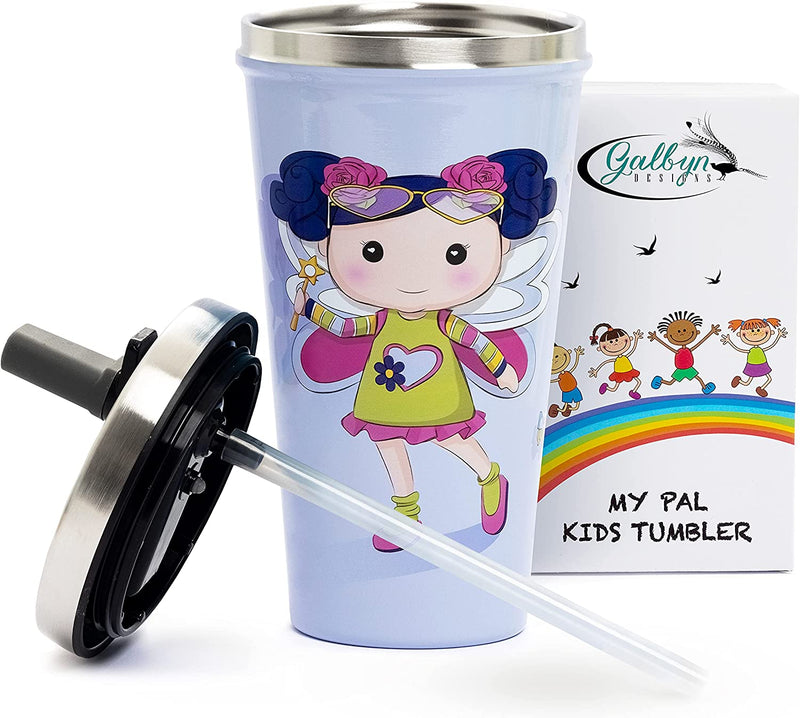 Fairy Kids Cups With Straws 16oz Screw Spill Proof Lid Silicone Tip Stainless Steel