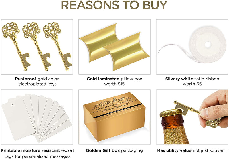 Wedding Favors Key Bottle Opener with Box, card and Ribbon 50 Pcs Gold