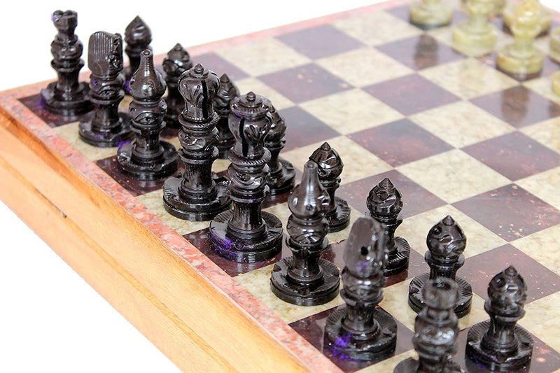Chess made of Indian Marble Inlay over Wooden Base with 32 pieces, 14" x 14"