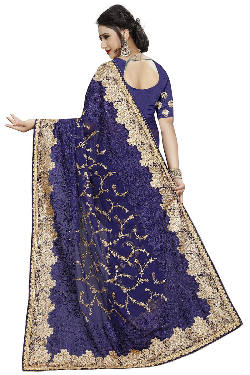 CRAFTSTRIBE Georgette Embroidery Navy Blue Indian Sari for Women