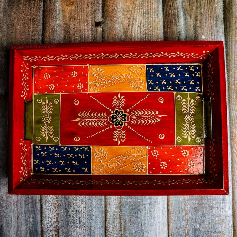 Swadeshi Blessings Embossed Wooden Serving Trays Set of 3 Antique Red