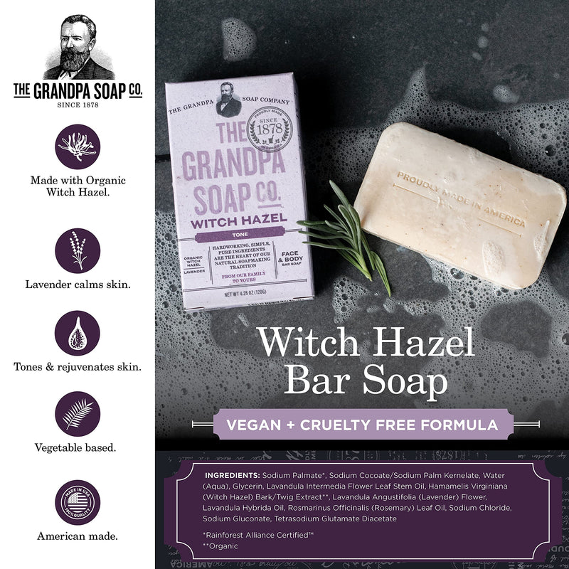 The Grandpa Soap Company Witch Hazel Bar Soap Vegan Organic Lavender 4.25 Oz