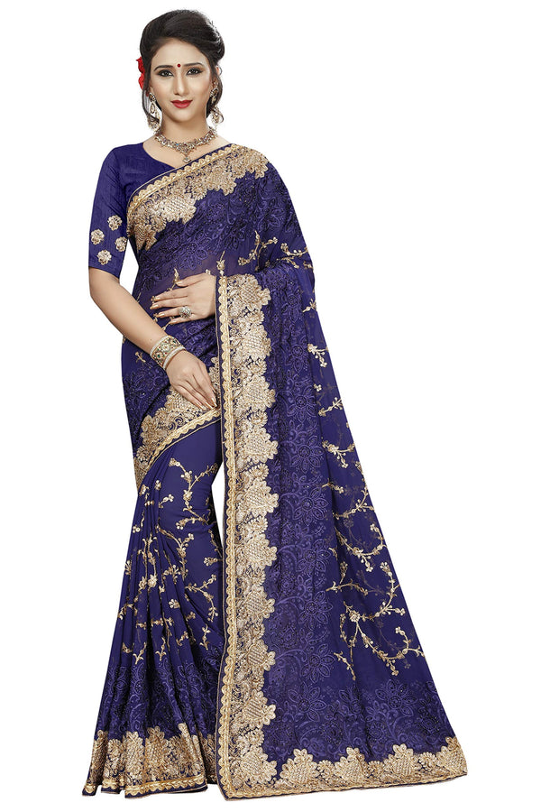 CRAFTSTRIBE Georgette Embroidery Navy Blue Indian Sari for Women