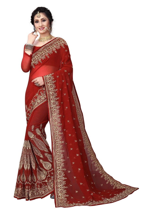 CRAFTSTRIBE Georgette Saree Maroon Heavy Embroidery Zari Kali Work Sari With Unstitched Blouse