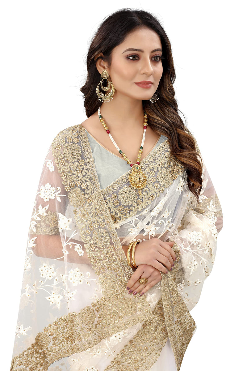 Craftstribe Net Saree White Heavy Resham and Zari Sari With Unstitched Blouse