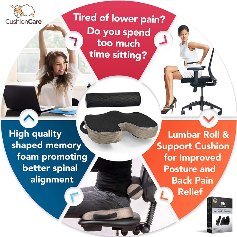 2 Pack Comfort Seat Cushion - Memory Foam Tailbone Pillow Pad for Sitting,  Office, Computer Desk Chair, Car, Travel - Contoured Posture Corrector for  Sciatica, CoccyxBack Pain Relief (Black and Grey) 
