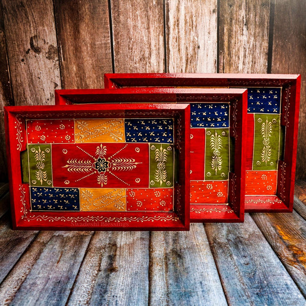 Swadeshi Blessings Embossed Wooden Serving Trays Set of 3 Antique Red