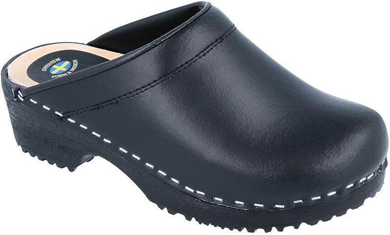 Vollsjö Men's Genuine Leather Wooden Clogs Black Color Size 10 Pair Of Shoes