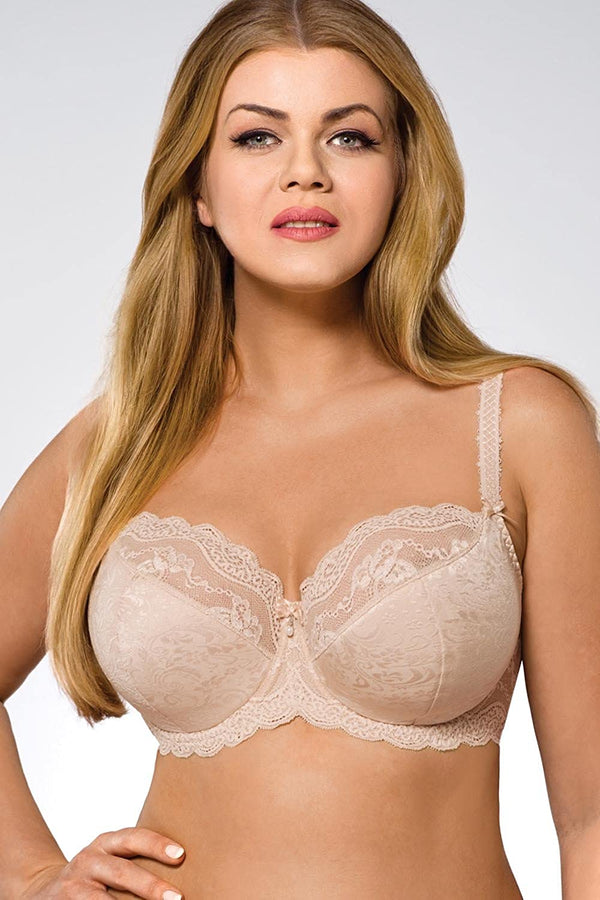 AVA 925 Underwired semi Padded Full Cup Sheer Floral lace Bra Beige