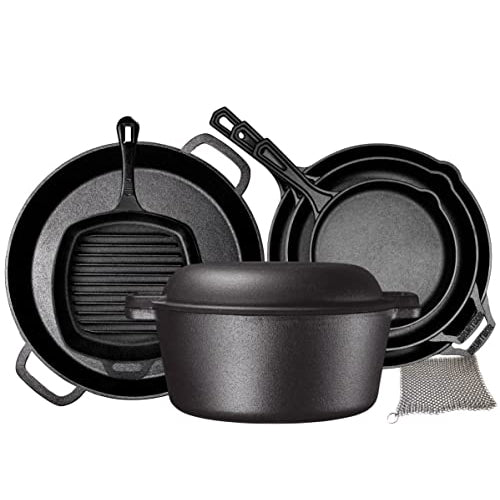 Bruntmor Pre Seasoned Kitchen Utensils Set Cast Iron 8 Piece Bundle Pots And Pans Set Double Dutch, 16 inch Pizza Pan, 3 Cast Iron Skillets & Square Grill Pan, Frying Pan, Dutch Oven And Outdoor Camp
