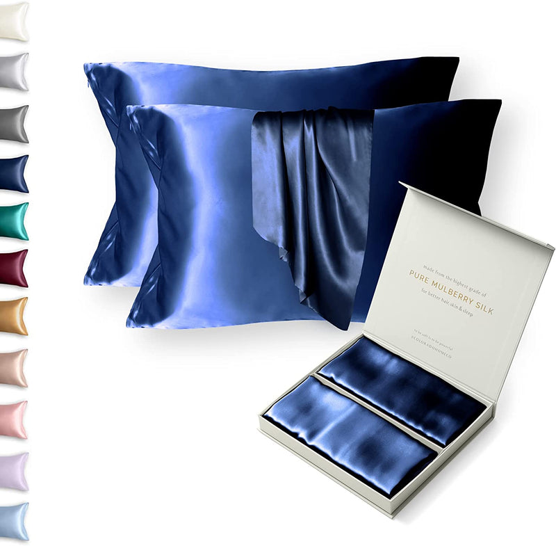 100% Silk Queen Pillowcase 2 Pack  20 x 30'' Navy-Blue