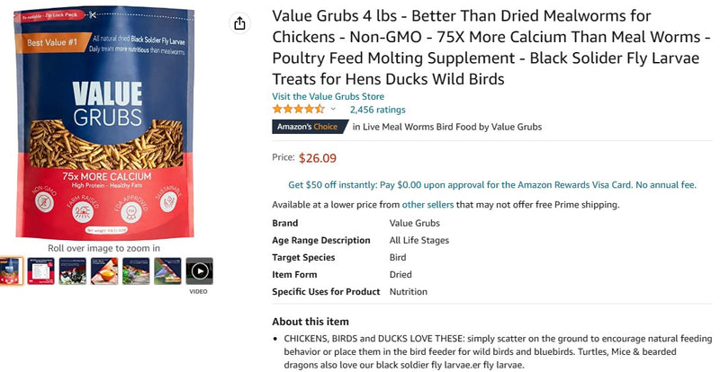 Value Grubs 4 lbs Better Than Dried Mealworms for Chickens Non-GMO 75X More Calcium Than Meal Worms