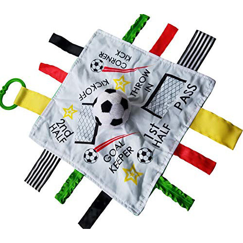 Baby Soccer Toy, Educational & Teething Closed Ribbon Tag Lovey Blanket with Security Plush: 10"X10" (Soccer Futbol)
