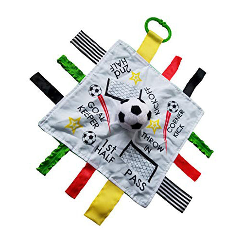 Baby Soccer Toy, Educational & Teething Closed Ribbon Tag Lovey Blanket with Security Plush: 10"X10" (Soccer Futbol)