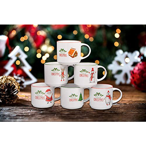 Bruntmor 14 Oz Christmas Coffee Mug Set of 6 14 Ounce  Christmas