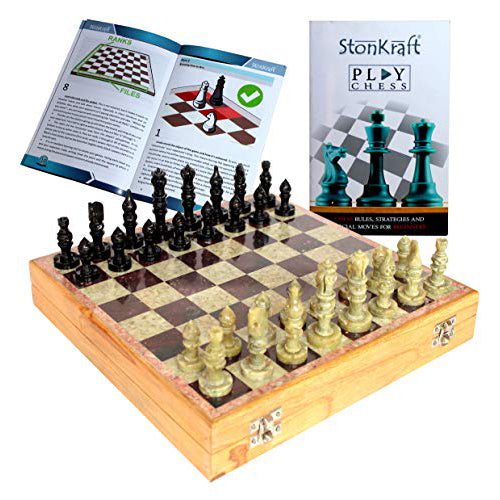 Stonkraft 10 X 10 Inch Chess Board With Wooden Base Inlaid Stone Pieces Game Set