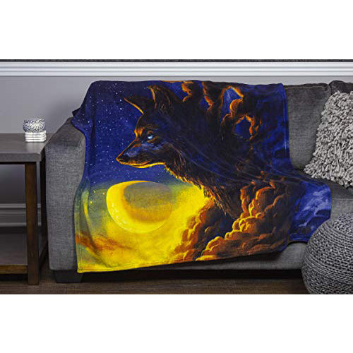 Dawhud Direct Golden Moon Wolf Fleece Blanket for Bed 50x60 Inch Crescent Moon