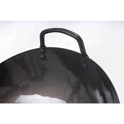 Black 13" Craft Wok Flat Pre-Seasoned Hammered Carbon Steel Wok with Wooden and Steel Helper Handle (Flat Bottom)