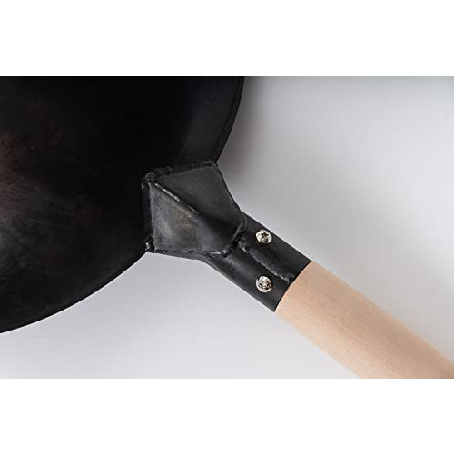 Black 13" Craft Wok Flat Pre-Seasoned Hammered Carbon Steel Wok with Wooden and Steel Helper Handle (Flat Bottom)
