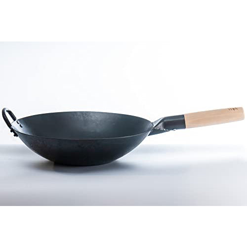 14 inch Flat Bottom Carbon Steel Hand Hammered Wok with a Wooden and Helper  Handles