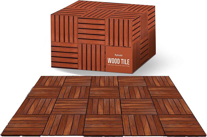 Flybold Teak Wood Deck Tiles Outdoor Waterproof UV Protected 10pcs 12x12 Inch