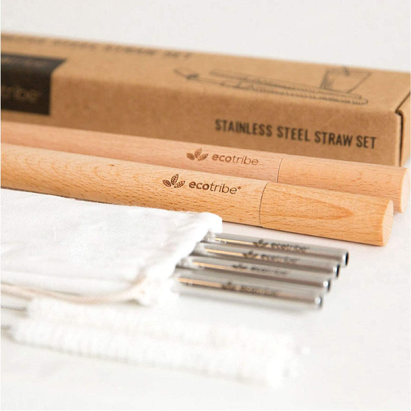 Ecotribe 4 Metal 8.5” Straws with 2 Wooden Portable Cases