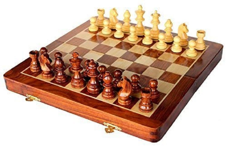 BKRAFT4U Handmade Wooden Acacia Wood Chess Board Storage Slots 14"