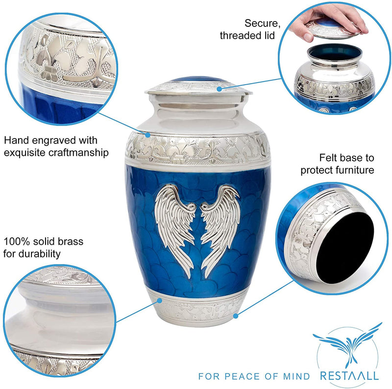 RESTAALL Angel Wings Ashes urn. Blue Cremation urn for Human Ashes Adult