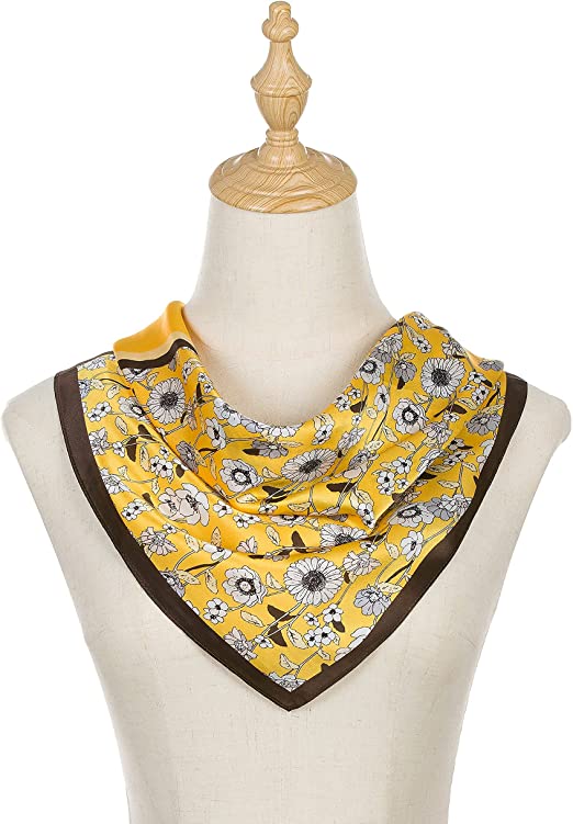 100% Mulberry Silk Head Scarf Yellow Flower Designer For Women