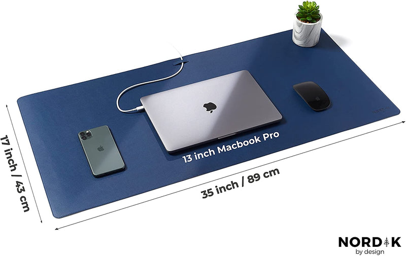 Nordik Leather Desk Mat Cable Organizer Midnight Blue 35 X 17 inch