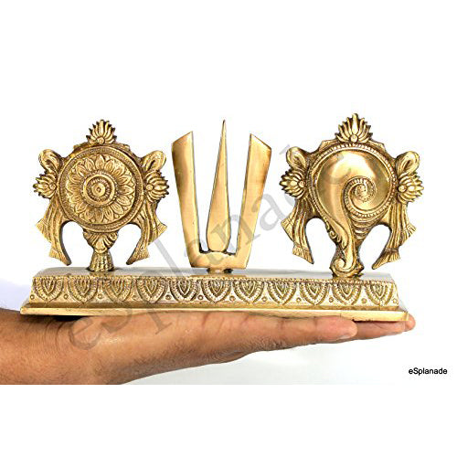 eSplanade Brass Shankh Chakra Namah Showpiece | Shankha Chakra Tilak | Shankha Gada Padma | Padmanabha Swami | Vishnu | Home Decor (8.75 Inches)