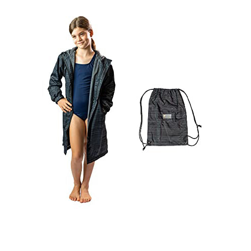 Unisex Swim Parka + Free Swim Bag Water Resistant Warm Coat Water Sports Swim Parka Schmik (BLACK MARLE PRINT, KIDS 12)