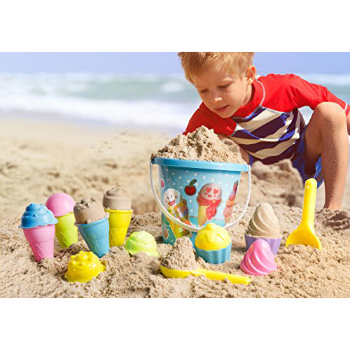 Top Race Beach Toys Set With Large 9" Bucket Pail Shovels for Kids Blue