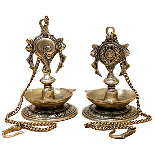 StonKraft - Pair of Brass Hanging Diya, Oil Lamp, Lamp For Home and Office (Hanging Length 25.75")