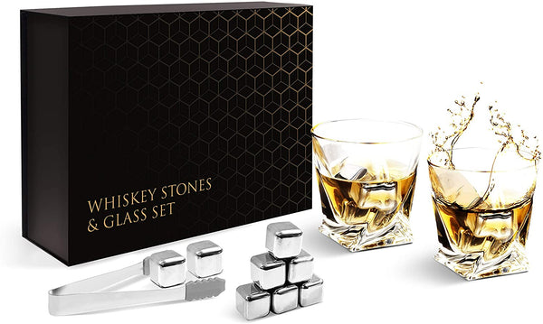 Whiskey Glass Set 2 glasses 9 oz 8 Stainless Steel Ice Cubes