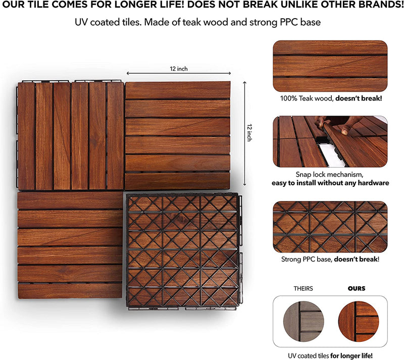 Flybold Teak Wood Deck Tiles Outdoor Waterproof UV Protected 10pcs 12x12 Inch