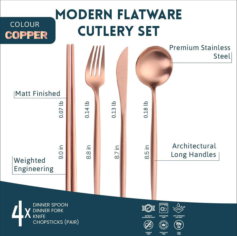 16-Piece Set for 4: 4 Knives, 4 Spoons, 4 Forks, 4 Pairs of Chopsticks, Copper