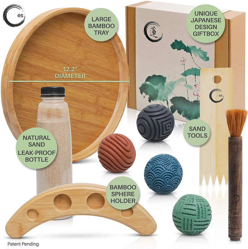 Japanese Zen Garden Kit for Desk 12” Large Round Bamboo Tray