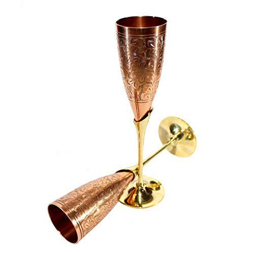 Stonkraft Engraved Brass Goblets Champagne Glasses Flutes Coupes Wine Glass Set (Slender Copper)